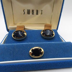 Swank Cufflinks Tie Tack Set in Box Gold Tone Blue Sodalite